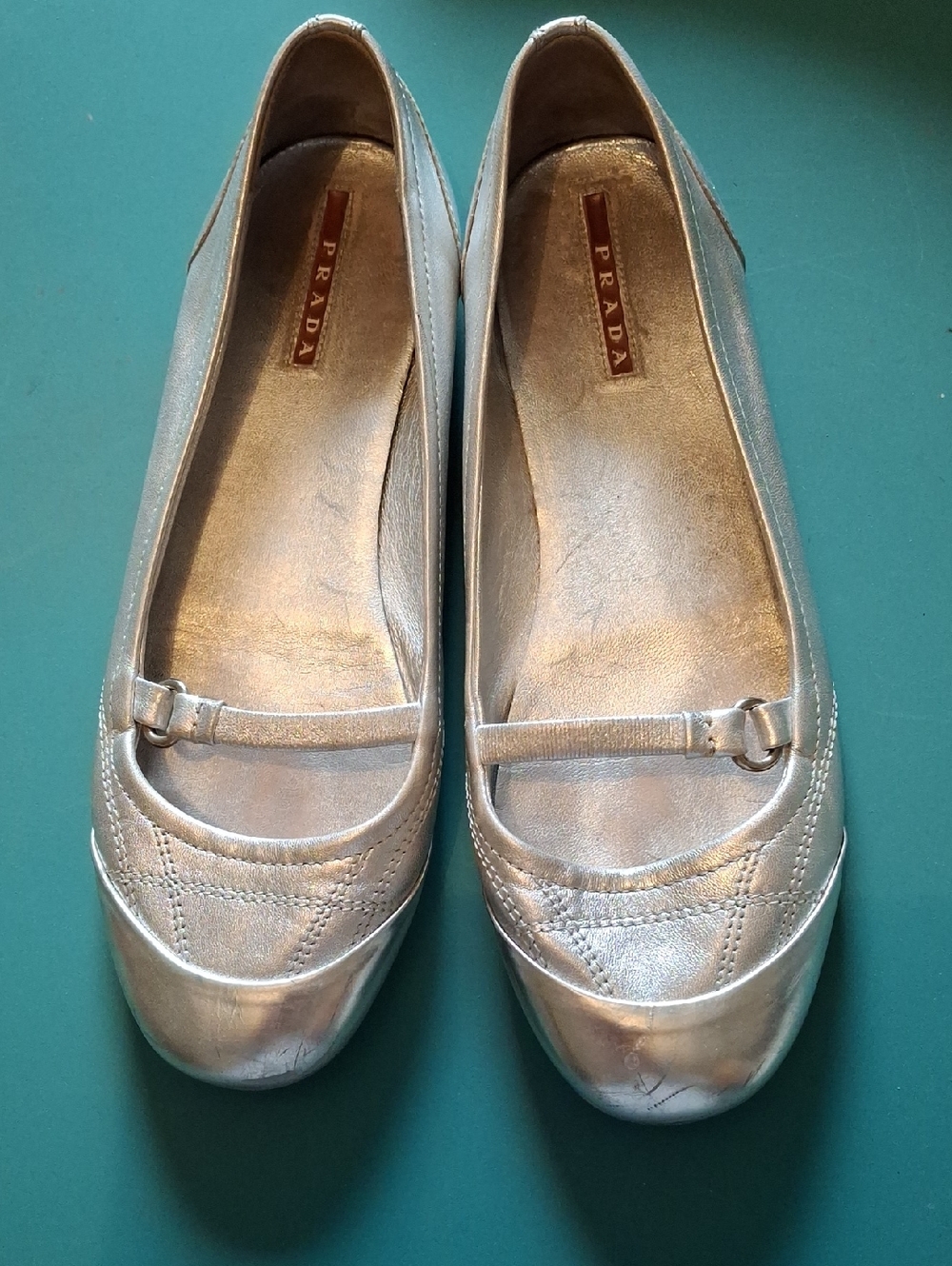 Prada Metallic Silver Leather Ballet Flats with Strap